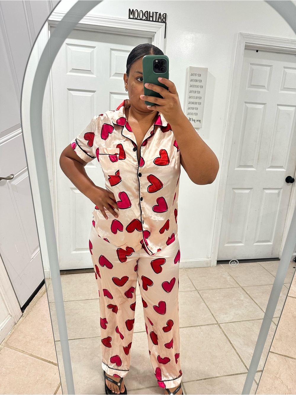 Kids Heart-Print Satin Pajama Set - Cream with Red & Pink Hearts